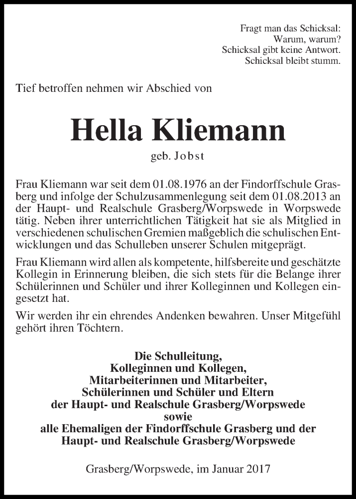Traueranzeige von Hella Kliemann von Wuemme Zeitung