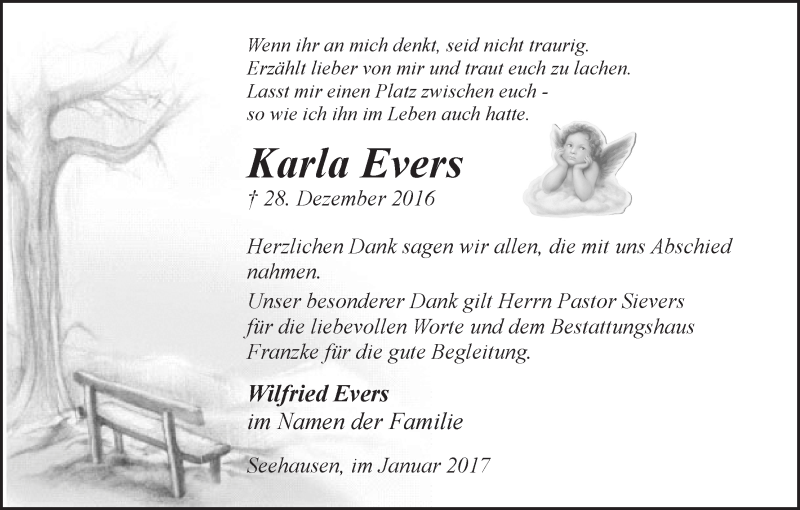 Traueranzeige von Karla Evers von Wuemme Zeitung