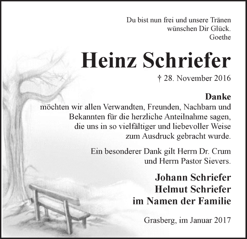 Traueranzeige von Heinz Schriefer von Wuemme Zeitung
