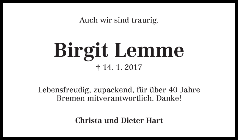Traueranzeige von Birgit Lemme von WESER-KURIER