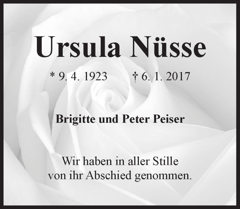 Traueranzeige von Ursula Nüsse von WESER-KURIER