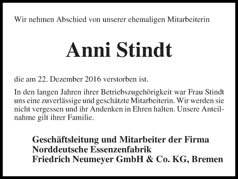 Traueranzeige von Anni Stindt von WESER-KURIER