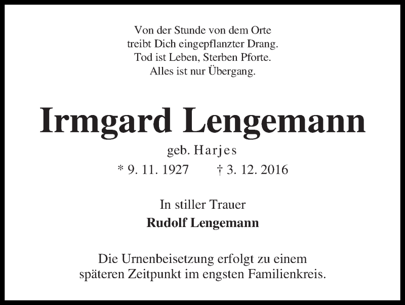 Traueranzeige von Irmgard Lengemann von Die Norddeutsche