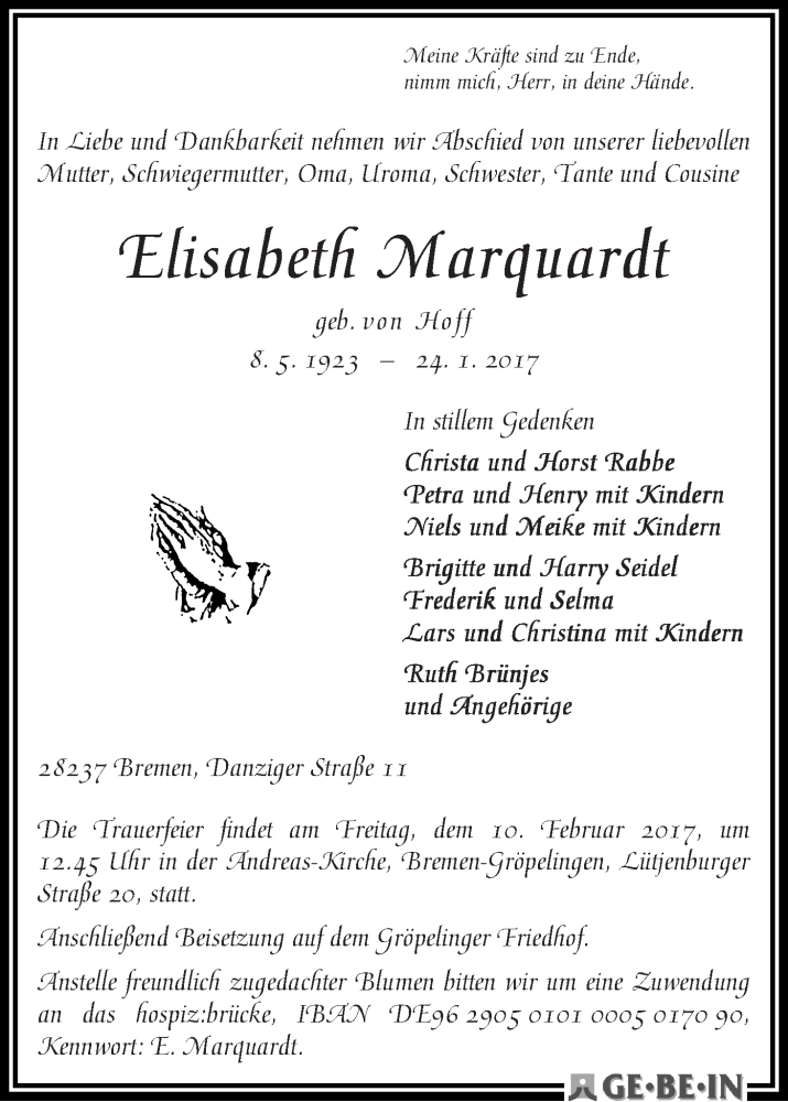 Traueranzeige von Elisabeth Marquardt von WESER-KURIER