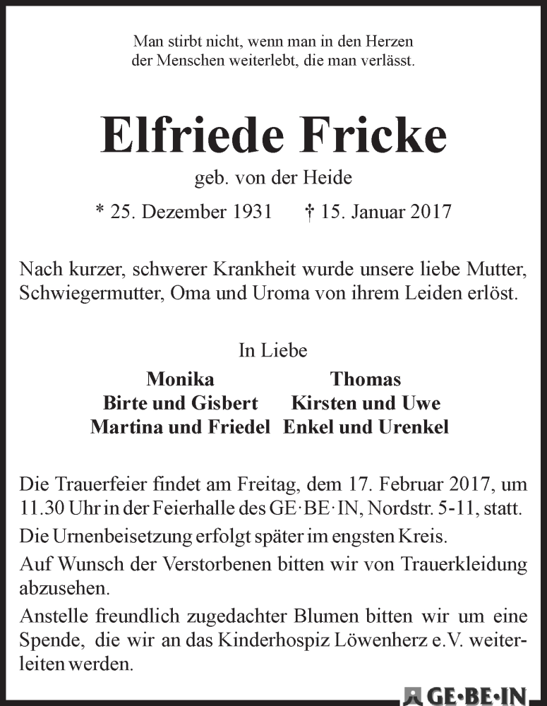 Traueranzeige von Elfriede Fricke von WESER-KURIER