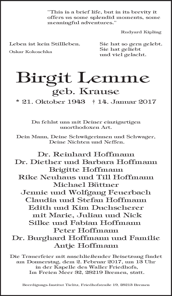 Traueranzeige von Birgit Lemme von WESER-KURIER