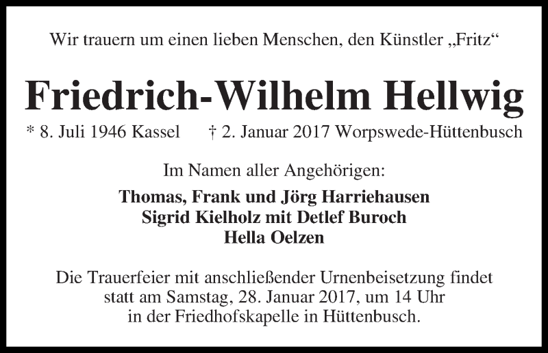  Traueranzeige für Friedrich-Wilhelm Hellwig vom 25.01.2017 aus Osterholzer Kreisblatt