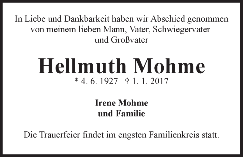 Traueranzeige von Hellmuth Mohme von WESER-KURIER