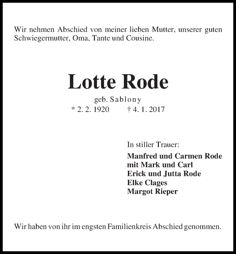 Traueranzeige von Lotte Rode von WESER-KURIER
