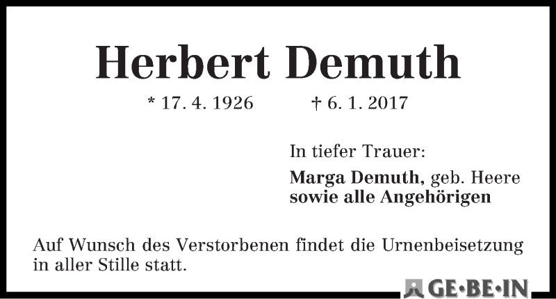 Traueranzeige von Herbert Demuth von WESER-KURIER