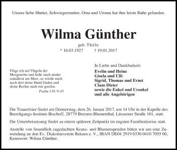 Traueranzeige von Wilma Günther