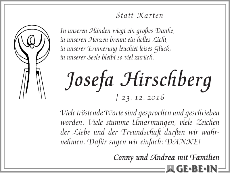 Traueranzeige von Josefa Hirschberg von WESER-KURIER
