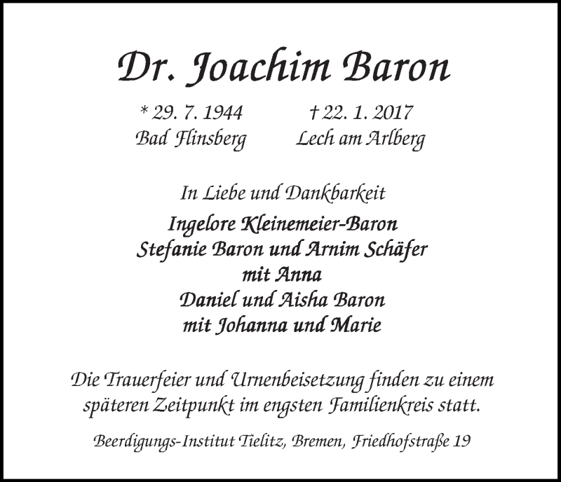 Traueranzeige von Joachim Baron von WESER-KURIER