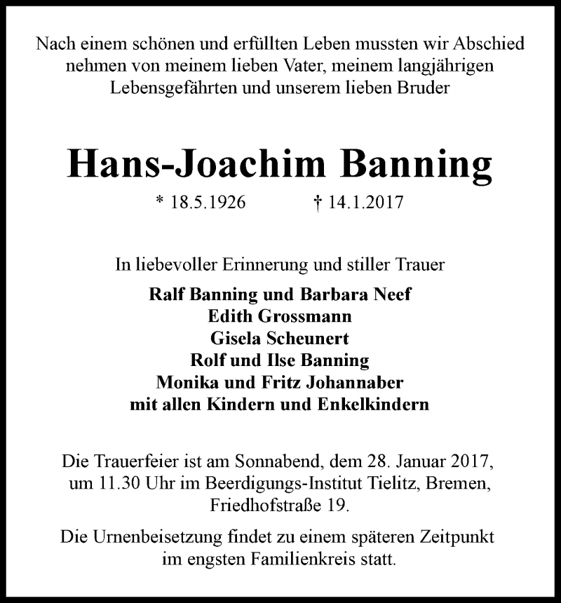 Traueranzeige von Hans-Joachim Banning von WESER-KURIER