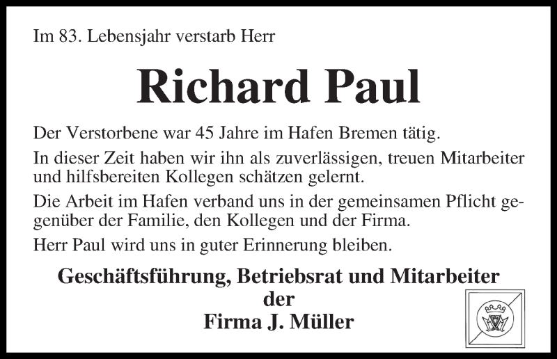 Traueranzeige von Richard Paul von WESER-KURIER