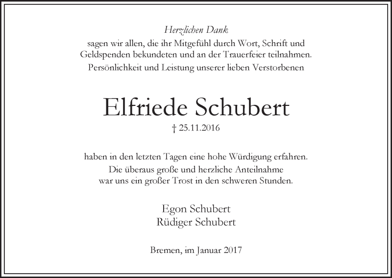 Traueranzeige von Elfriede Schubert von WESER-KURIER