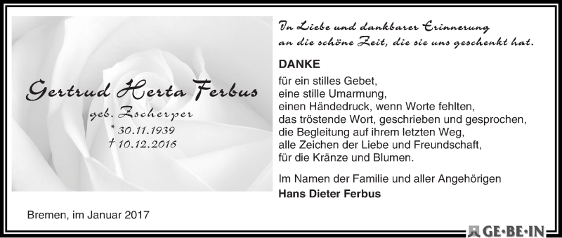 Traueranzeige von Gertrud Herta Ferbus von WESER-KURIER