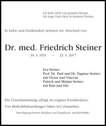 Traueranzeige von Friedrich Steiner