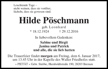 Traueranzeige von Hilde Pöschmann