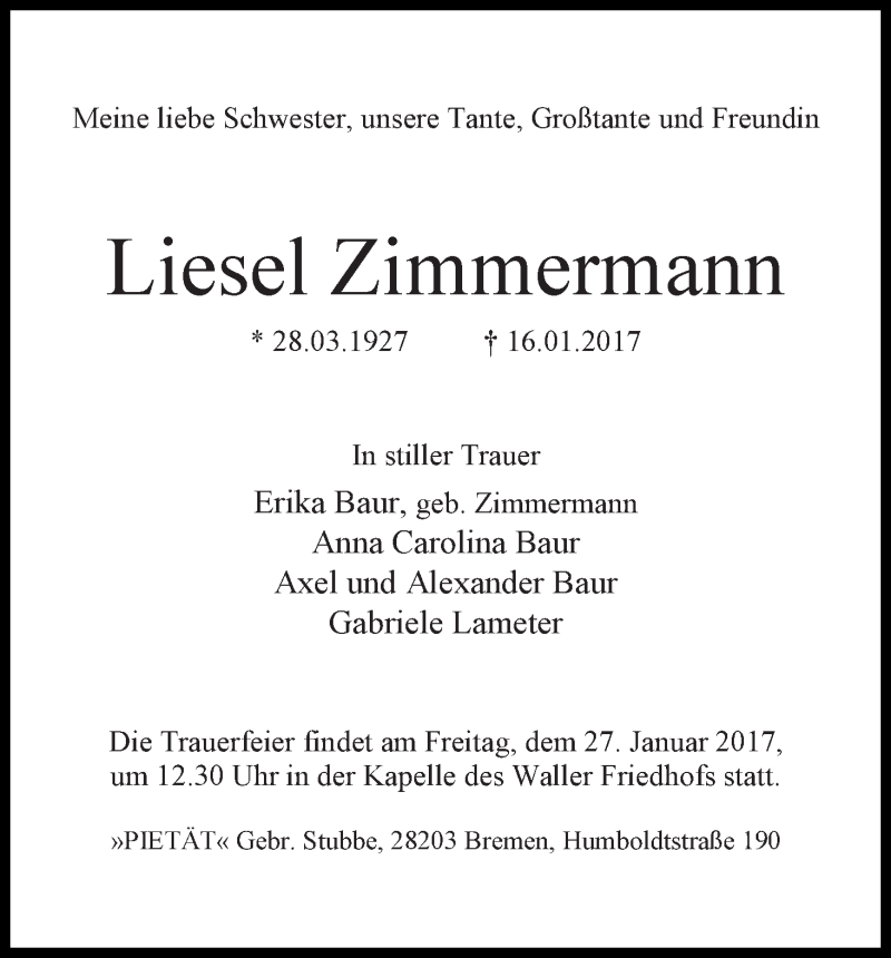 Traueranzeige von Liesel Zimmermann von WESER-KURIER