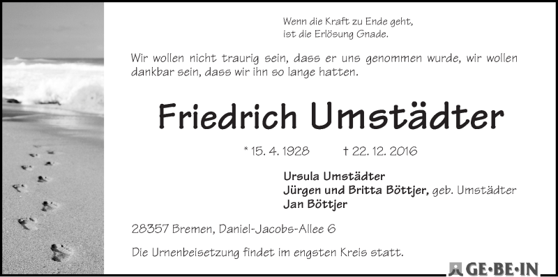 Traueranzeige von Friedrich Umstädter von WESER-KURIER