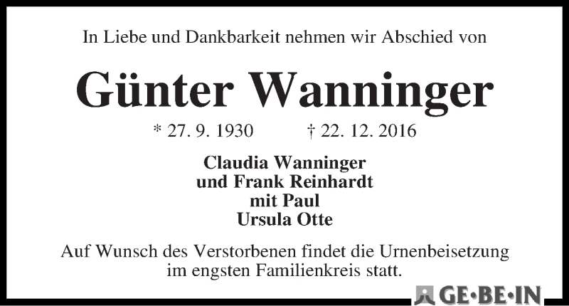 Traueranzeige von Günter Wanninger von WESER-KURIER
