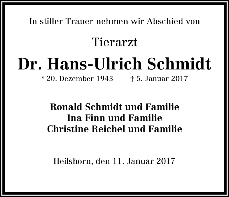  Traueranzeige für Hans-Ulrich Schmidt vom 11.01.2017 aus Osterholzer Kreisblatt