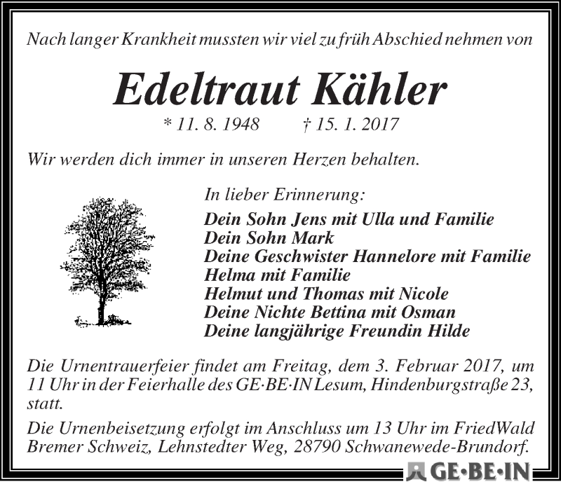 Traueranzeige von Edeltraut Kähler von WESER-KURIER