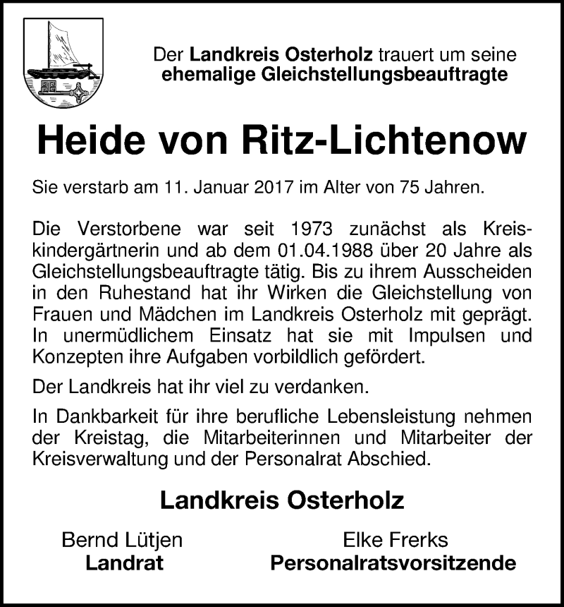  Traueranzeige für Heide von Ritz-Lichtenow vom 25.01.2017 aus Wuemme Zeitung