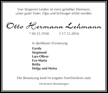 Traueranzeige von Otto Hermann Lehmann