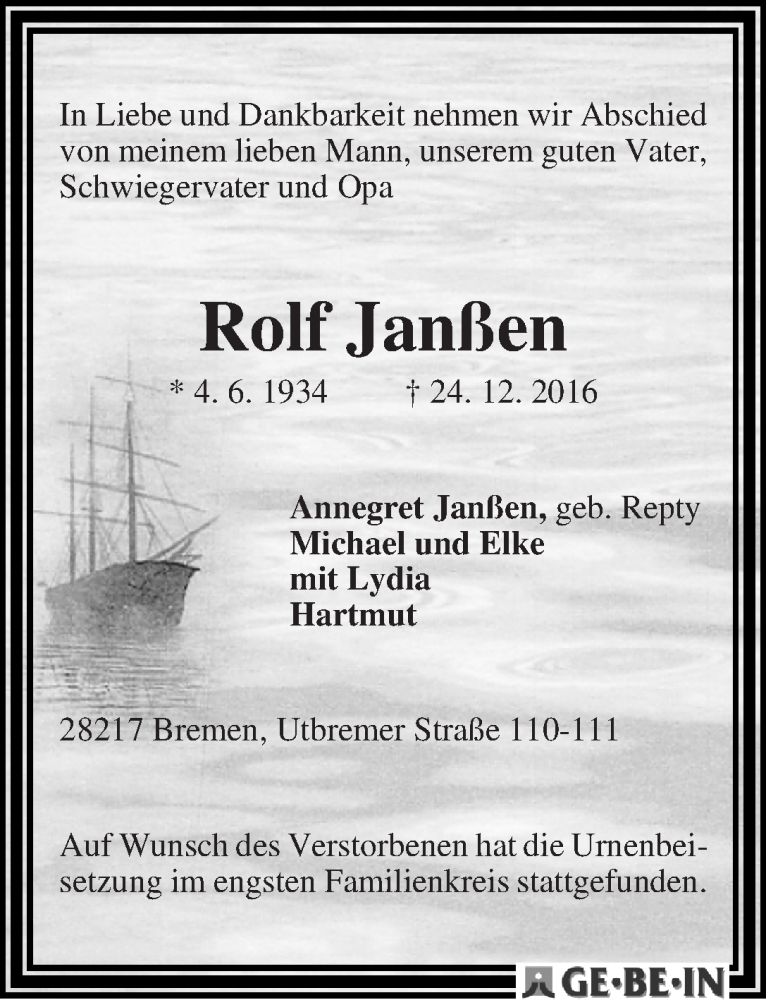 Traueranzeige von Rolf Janßen von WESER-KURIER