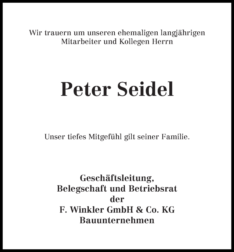 Traueranzeige von Peter Seidel von Osterholzer Kreisblatt