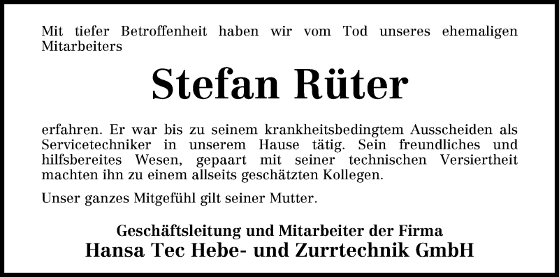 Traueranzeige von Stefan Rüter von Osterholzer Kreisblatt