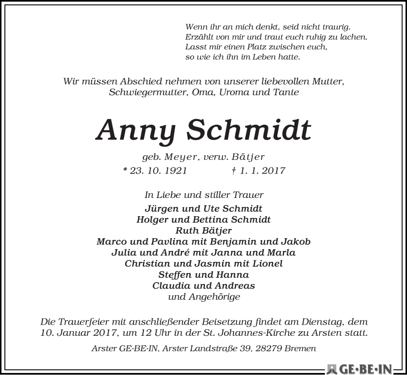 Traueranzeige von Anny Schmidt von WESER-KURIER