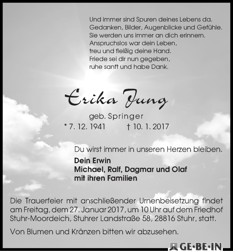 Traueranzeige von Erika Jung von WESER-KURIER