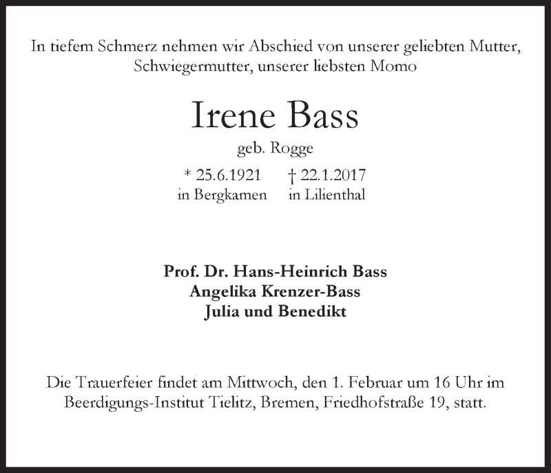 Traueranzeige von Irene Bass von WESER-KURIER