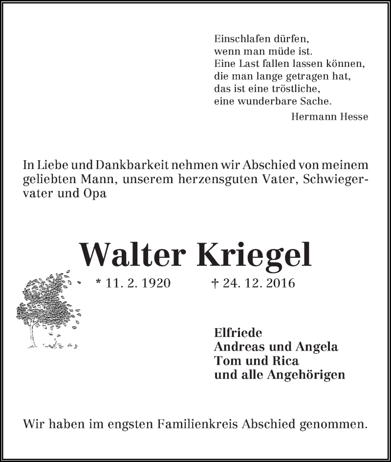 Traueranzeige von Walter Kriegel von WESER-KURIER