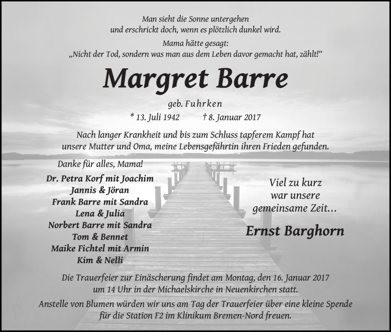 Traueranzeige von Margret Barre von Die Norddeutsche