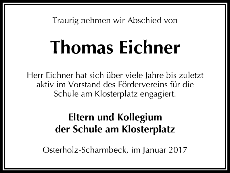 Traueranzeige von Thomas Eichner von Osterholzer Kreisblatt