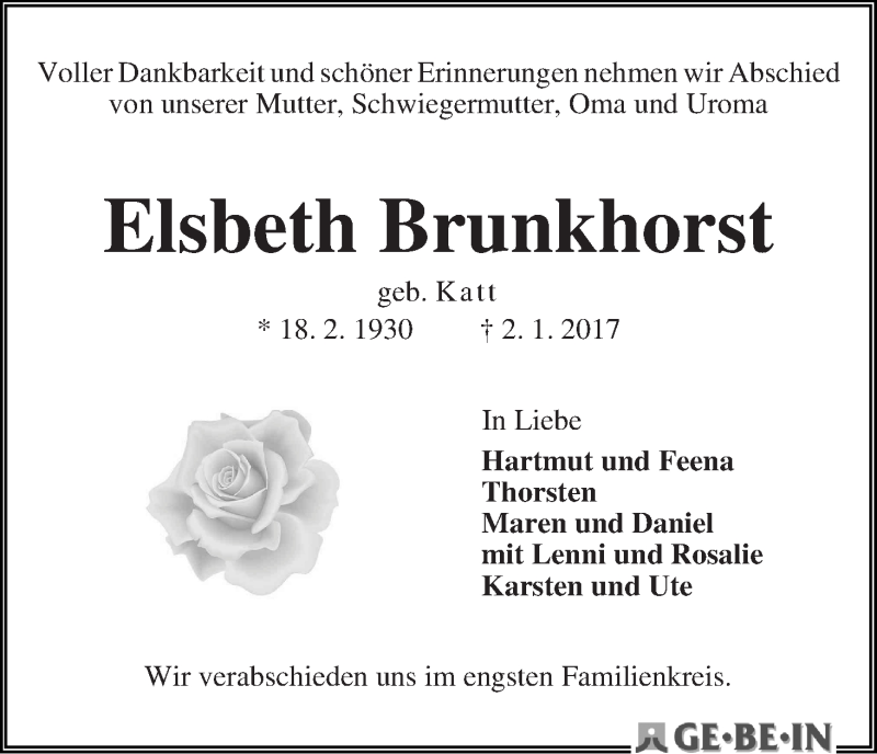 Traueranzeige von Elsbeth Brunkhorst von WESER-KURIER