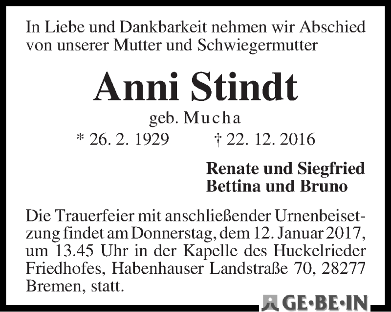 Traueranzeige von Anni Stindt von WESER-KURIER