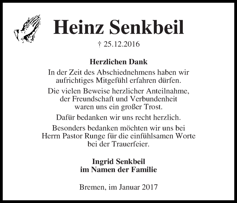 Traueranzeige von Heinz Senkbeil von Die Norddeutsche