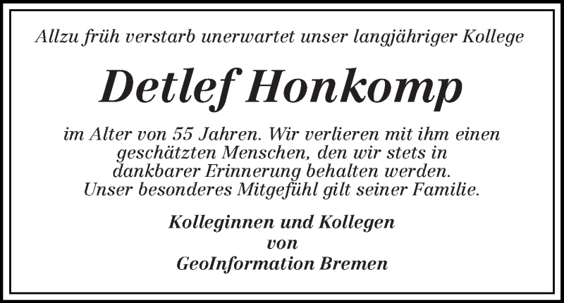 Traueranzeige von Detlef Honkomp von WESER-KURIER