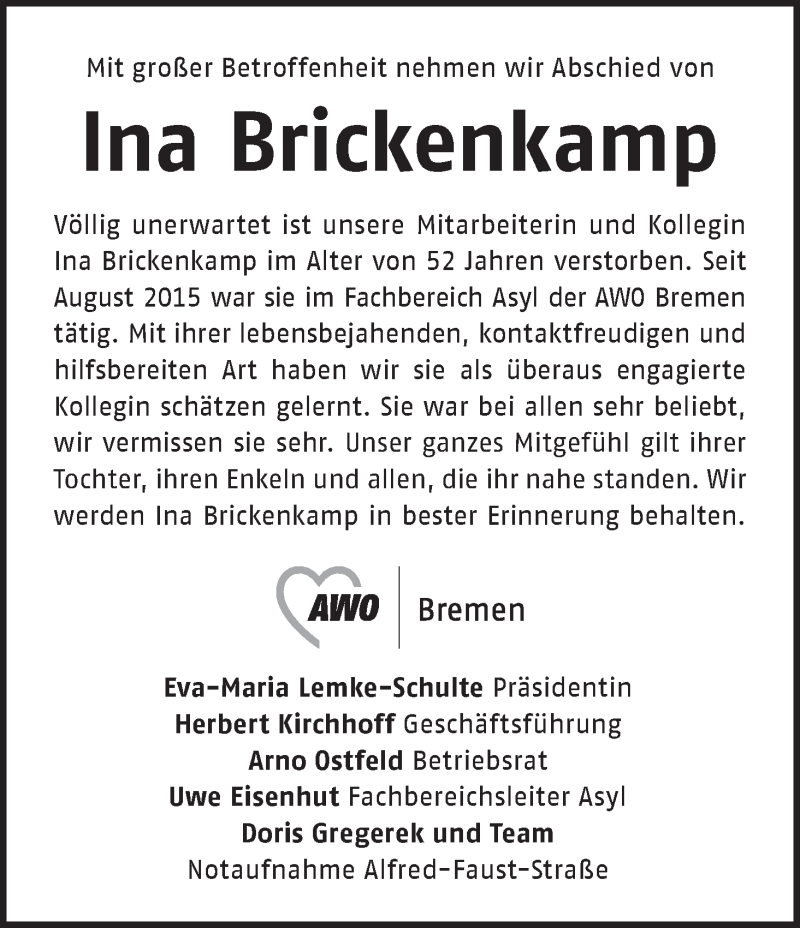 Traueranzeige für Ina Brickenkamp vom 14.01.2017 aus WESER-KURIER