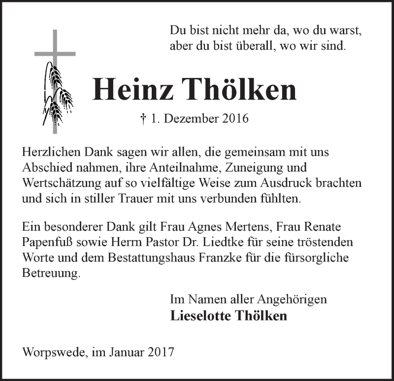 Traueranzeige von Heinz Thölken von Osterholzer Kreisblatt