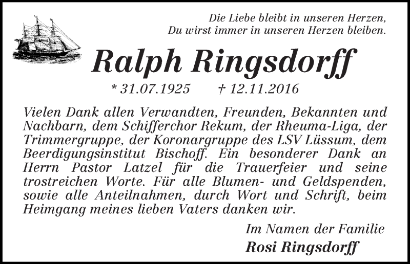 Traueranzeige von Ralph Ringsdorff von Die Norddeutsche