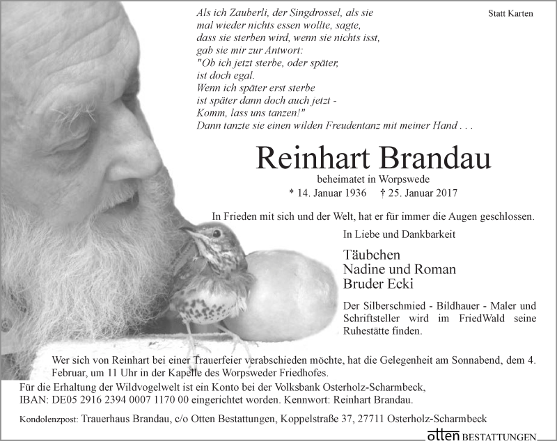  Traueranzeige für Reinhard Brandau vom 28.01.2017 aus Osterholzer Kreisblatt