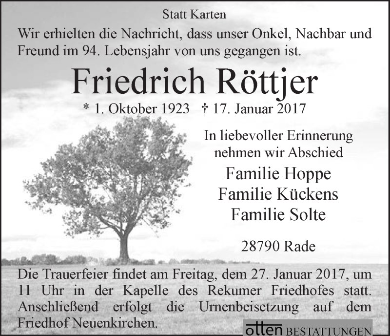 Traueranzeige von Friedrich Röttjer von Die Norddeutsche