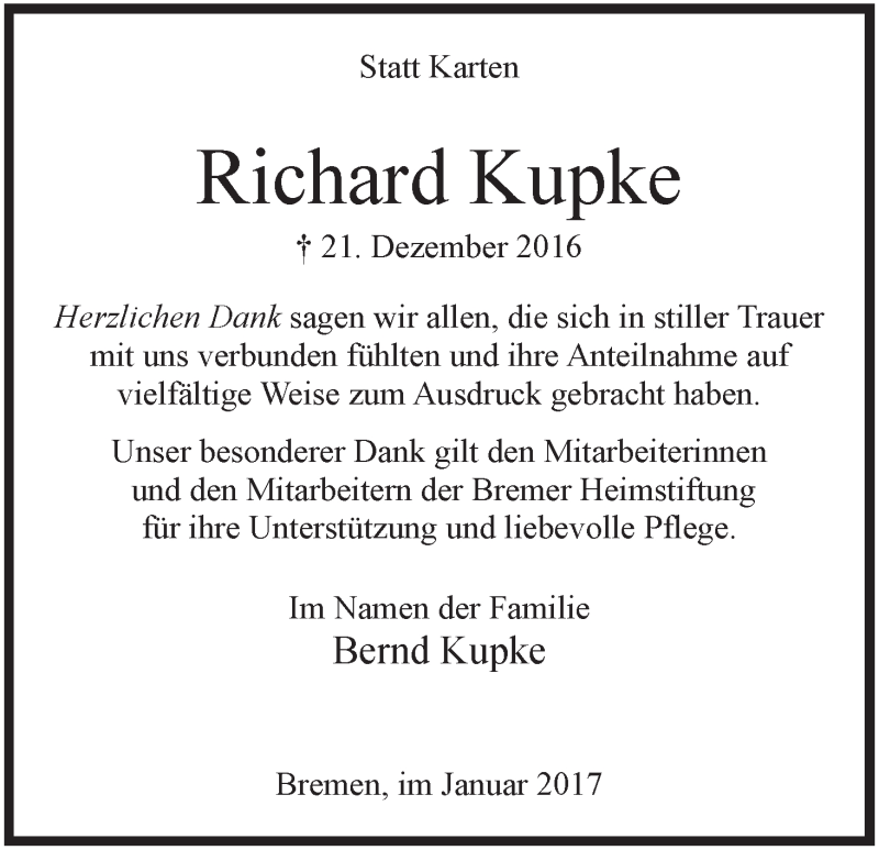 Traueranzeige von Richard Kupke von WESER-KURIER