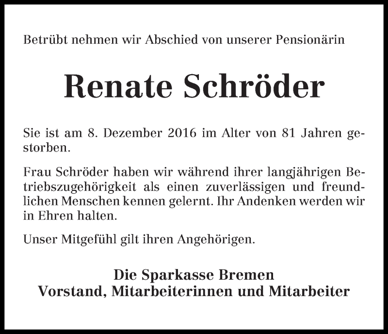 Traueranzeige von Renate Schröder von WESER-KURIER